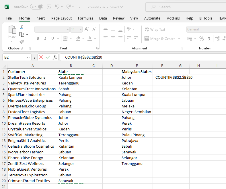 Excel countif julat mutlak