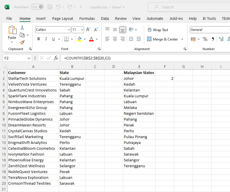 Excel countif formula completed