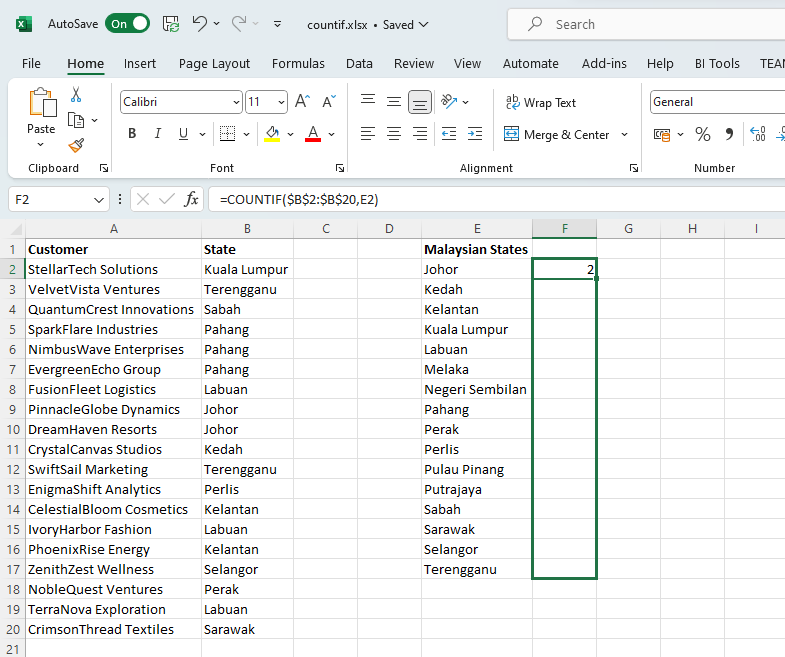 Excel countif copy to other cells