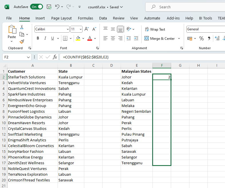 salin fungsi countif Excel ke sel lain