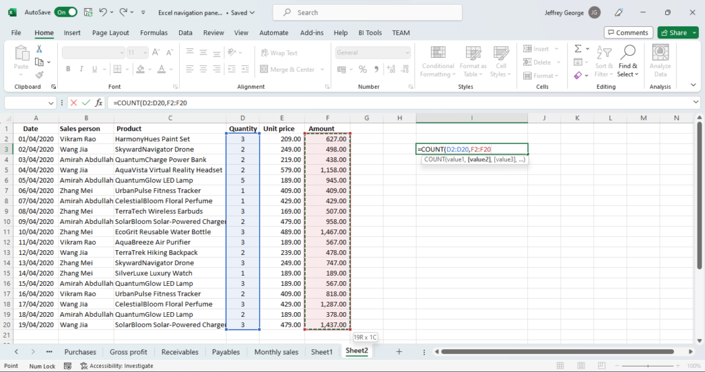 count cells in non adjacent columns