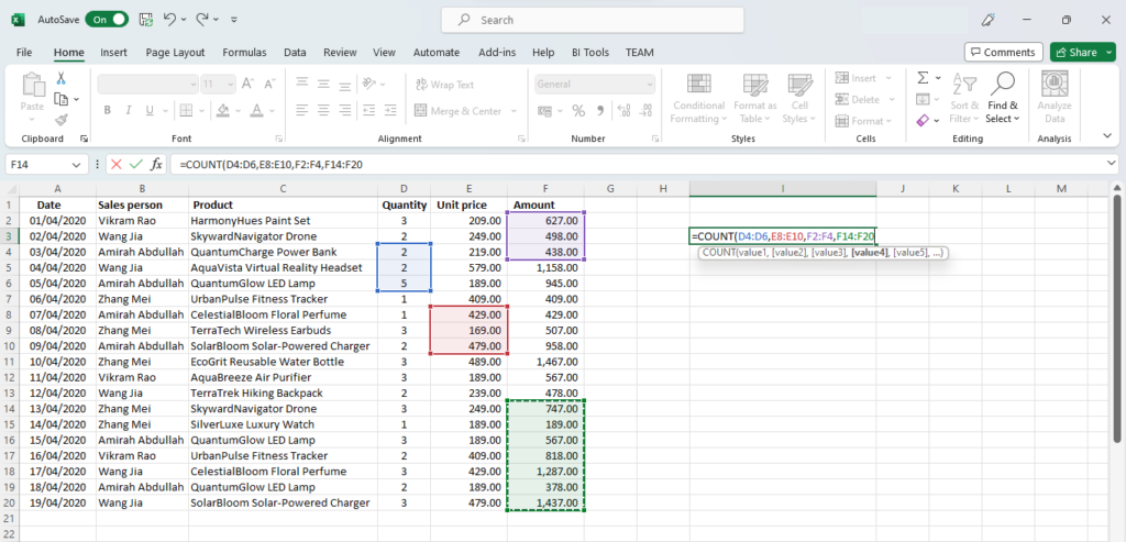 count varying ranges