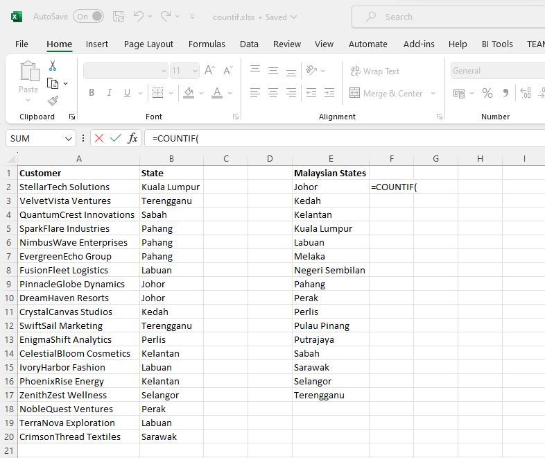 fungsi countif di Excel