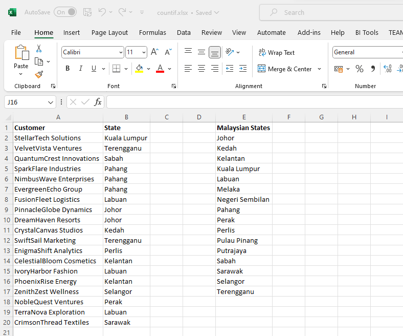 list of values to compare in Excel