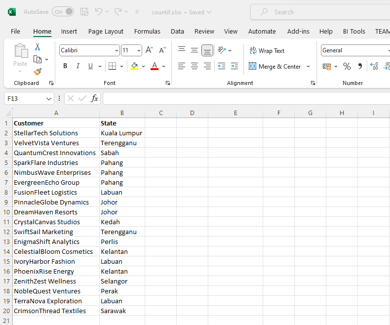 senarai nilai dalam Excel