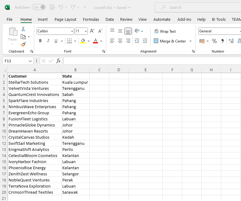 list of values in Excel