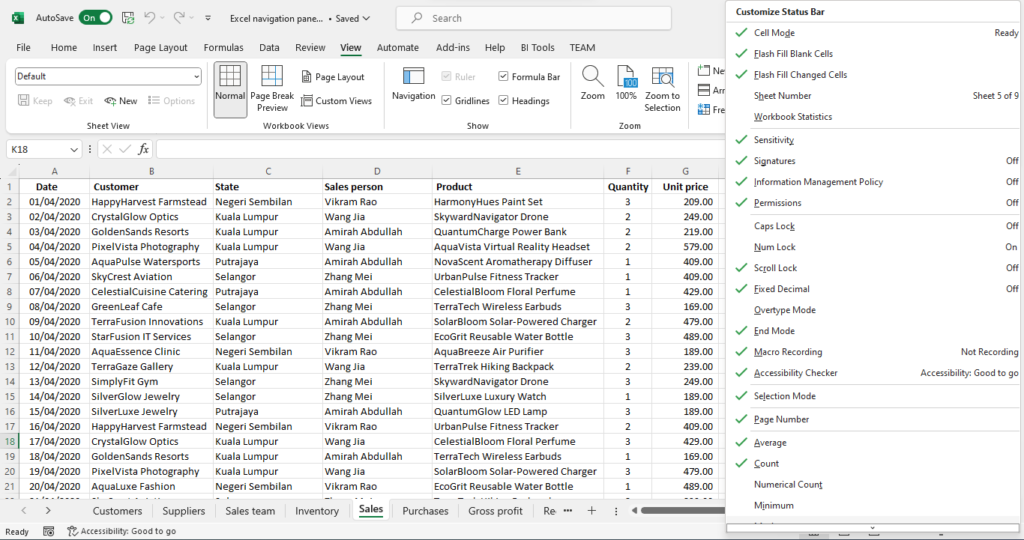 Menyesuaikan bar status Excel
