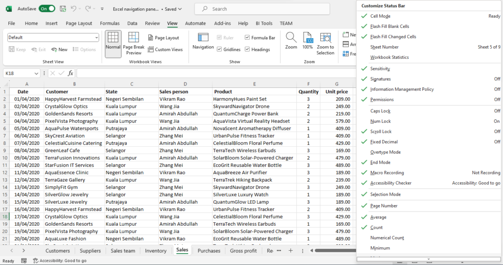 excel menyesuaikan bilah status