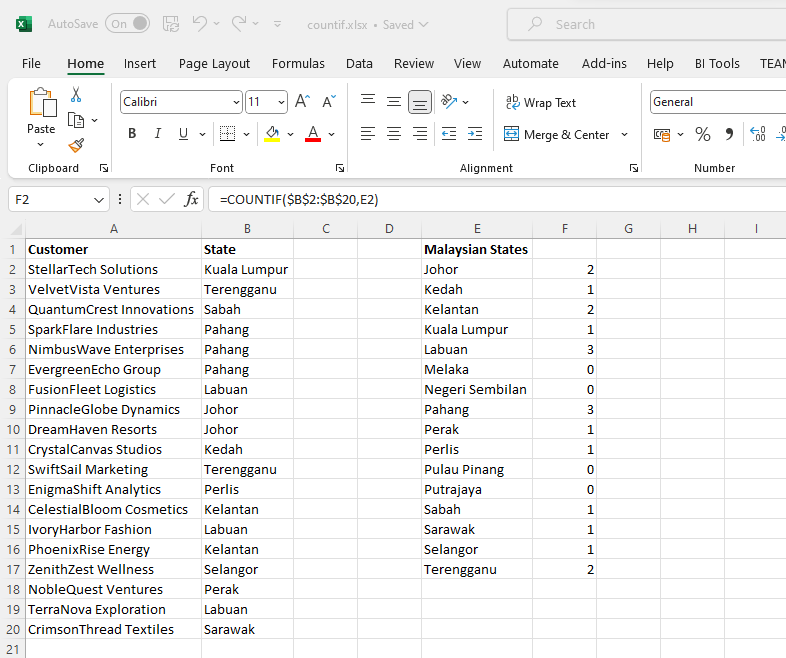 Excel countif completed