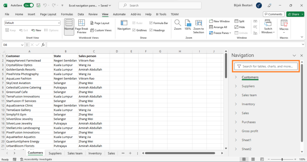 excel navigation pane search