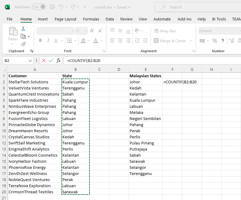 Excel countif julat nilai untuk dibandingkan