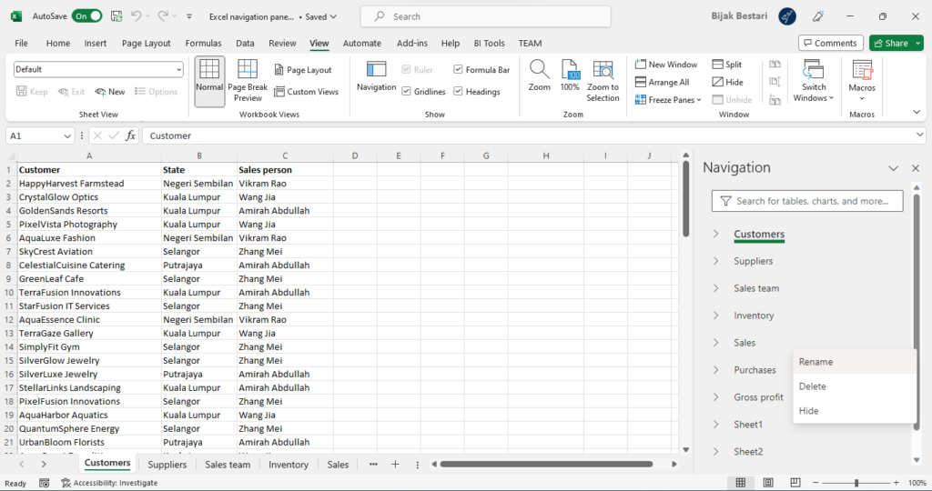 menu konteks anak tetingkap navigasi excel