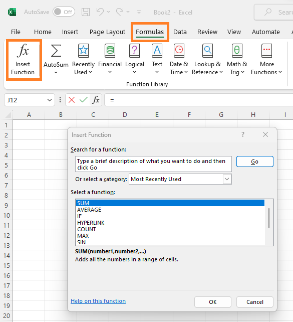 Sisipkan fungsi Excel